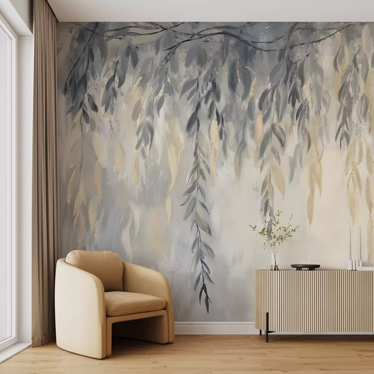 fototapet Ramuri de salcie cu frunze delicate atârnând în jos pe un fundal moale, blurat texturat w08473