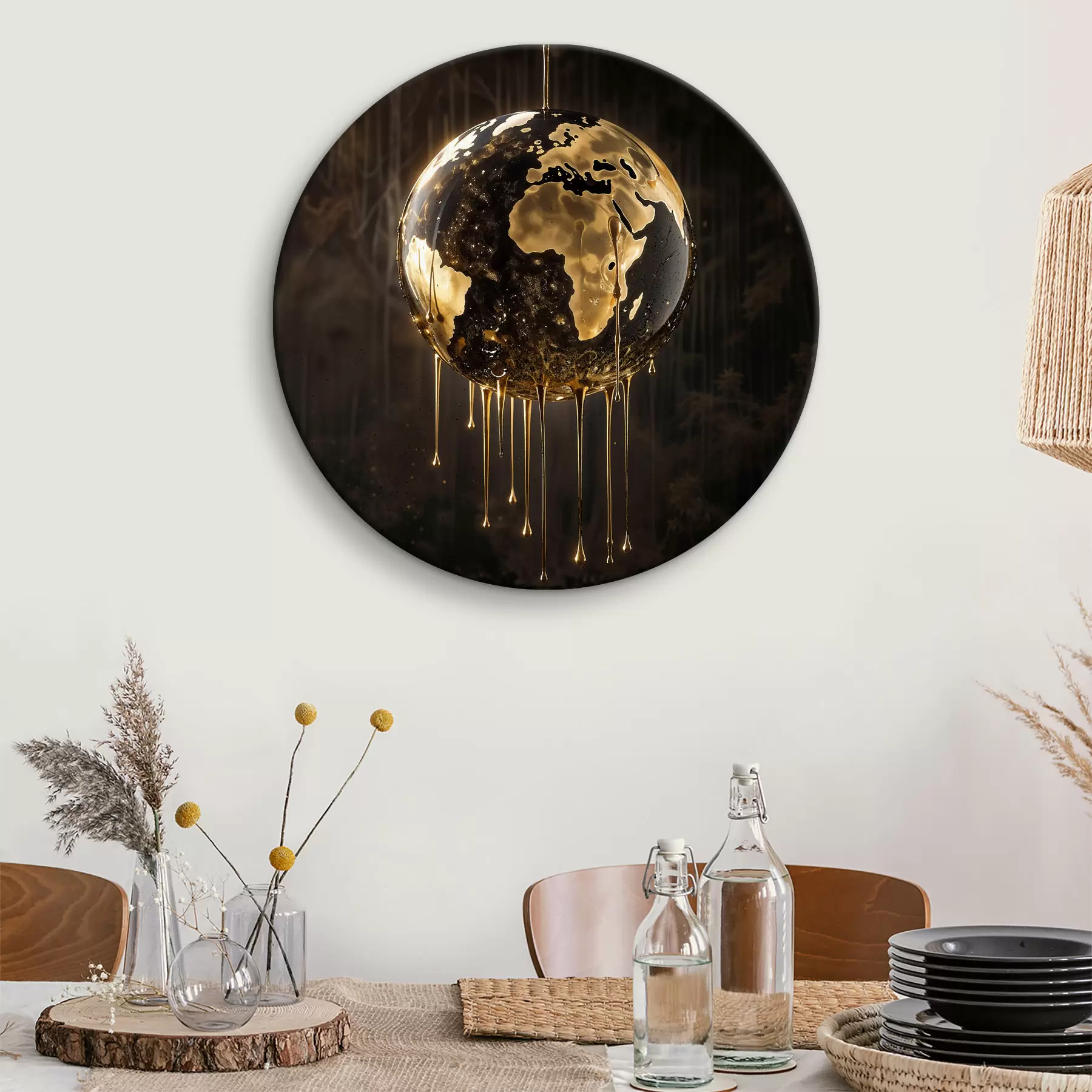 Tablouri Un glob luminos reprezentând Pământul înconjurat de un lichid care picură pe un fundal întunecat r38983