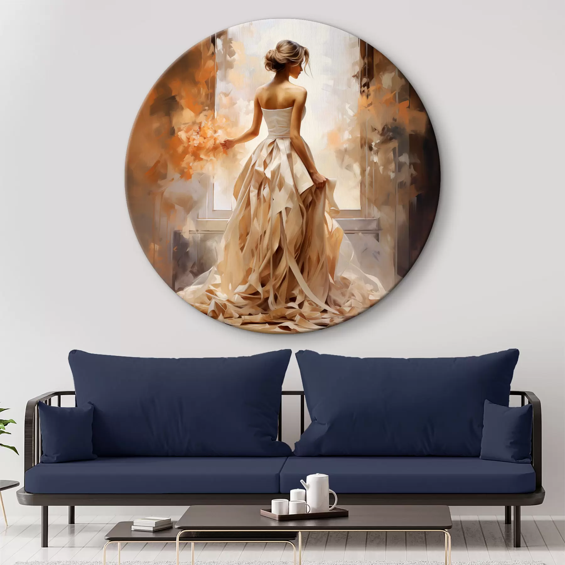 Tablouri O fată într-o rochie lungă de nuntă albă stă la fereastră printre foc, pictând cu manual r39125