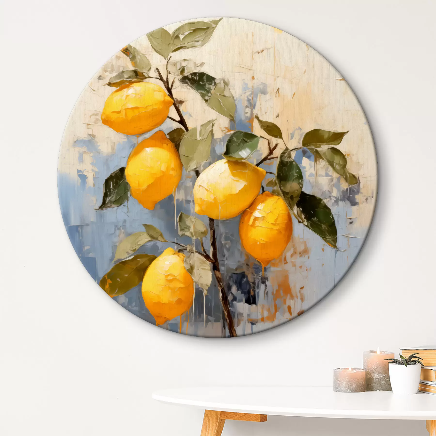 Tablouri Creangă cu lămâi coapte pictură în ulei artă abstractă, galben, albastru și verde culoare r39186