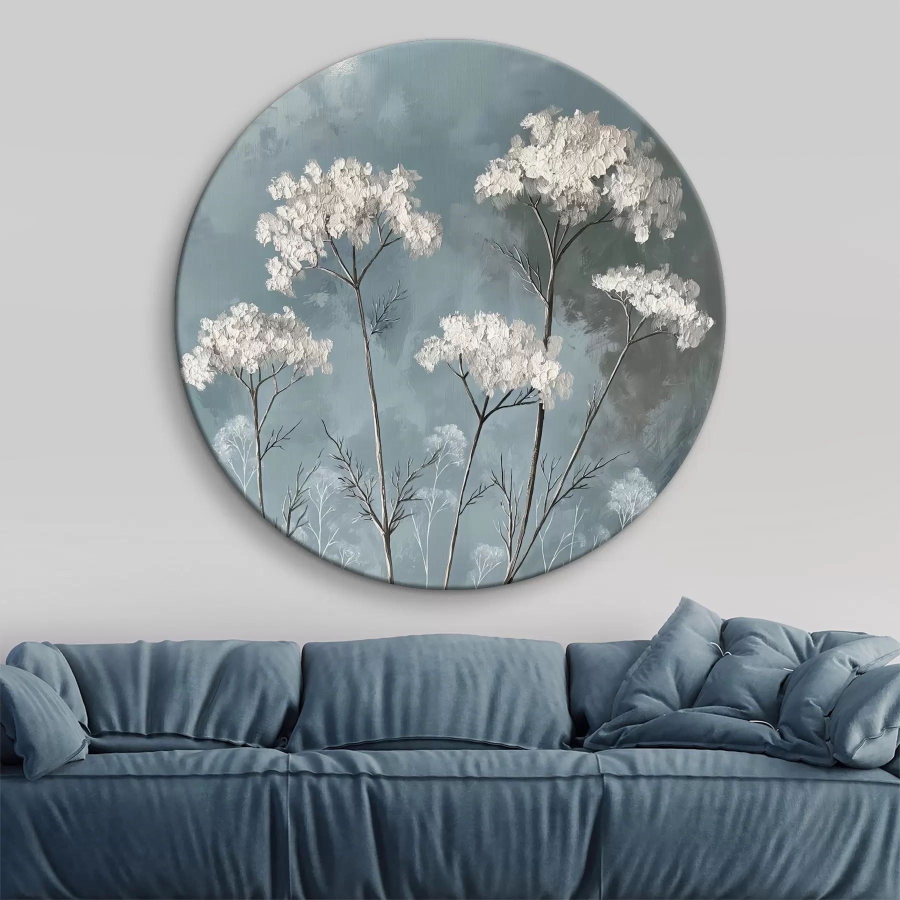 Tablouri pictură în ulei de flori albe delicate pe un fundal albastru r39325