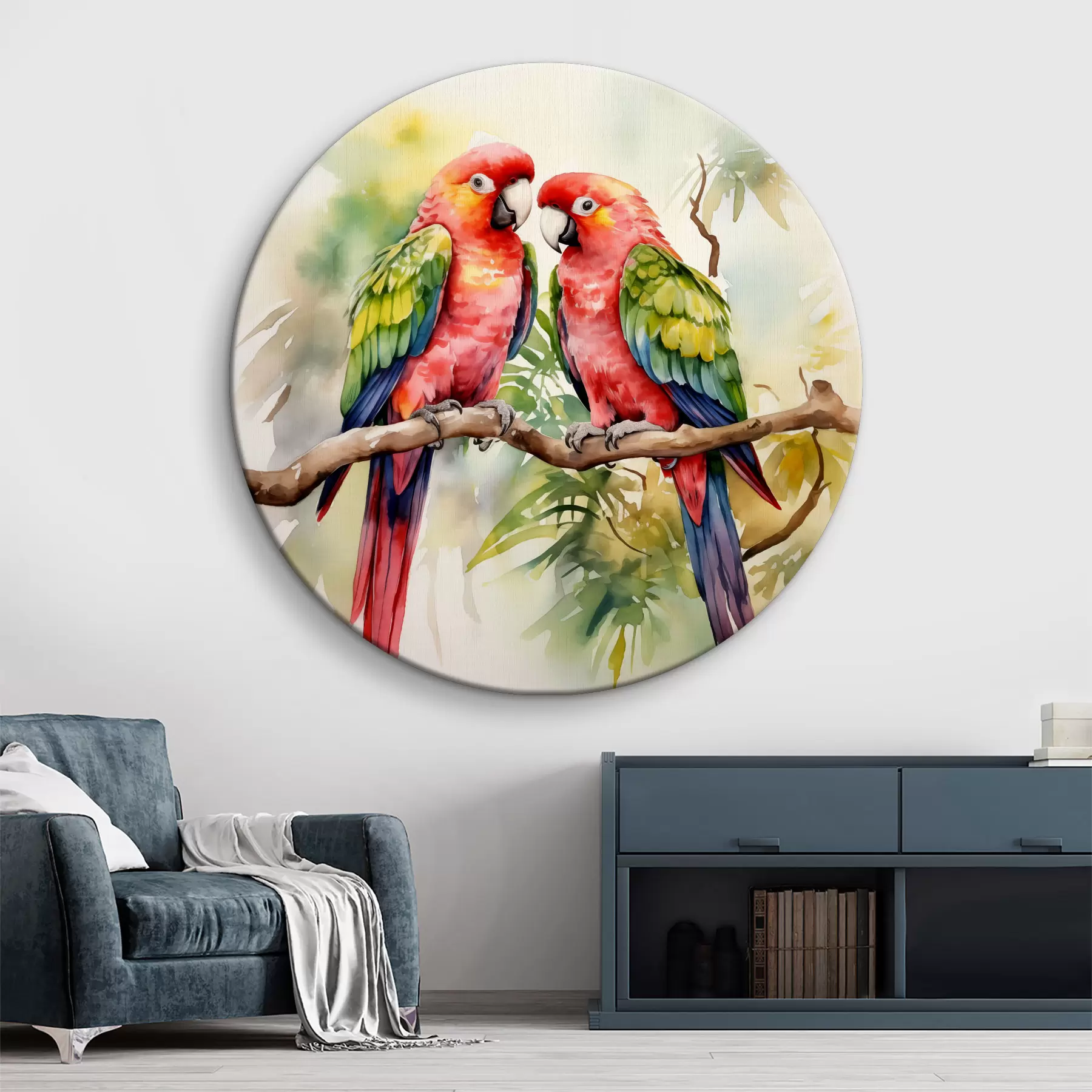 Tablouri Doi papagali macaw strălucitori stând pe o ramură acuarelă r39333