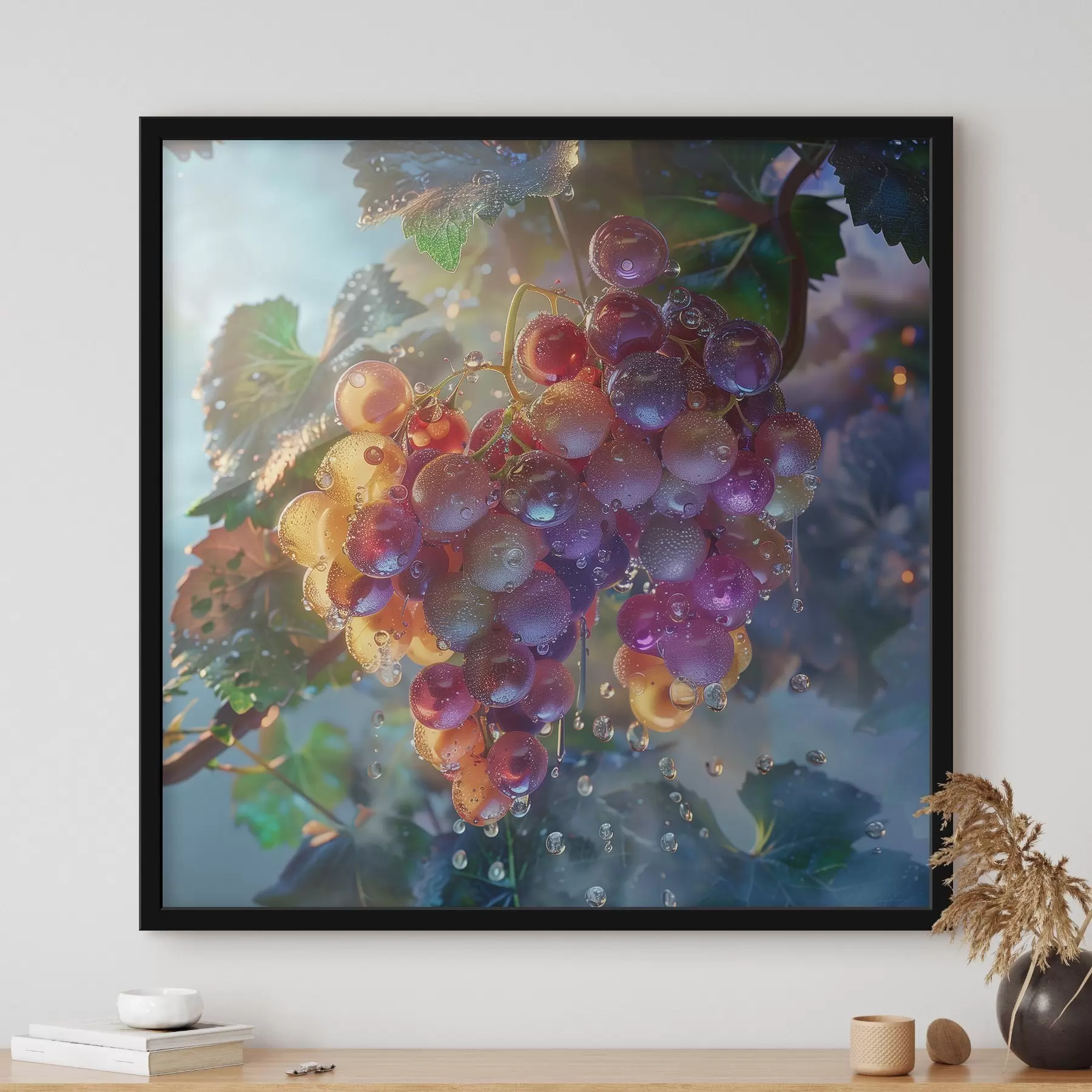 fototapet Fructe, ciorchine de struguri în picături de apă f42073