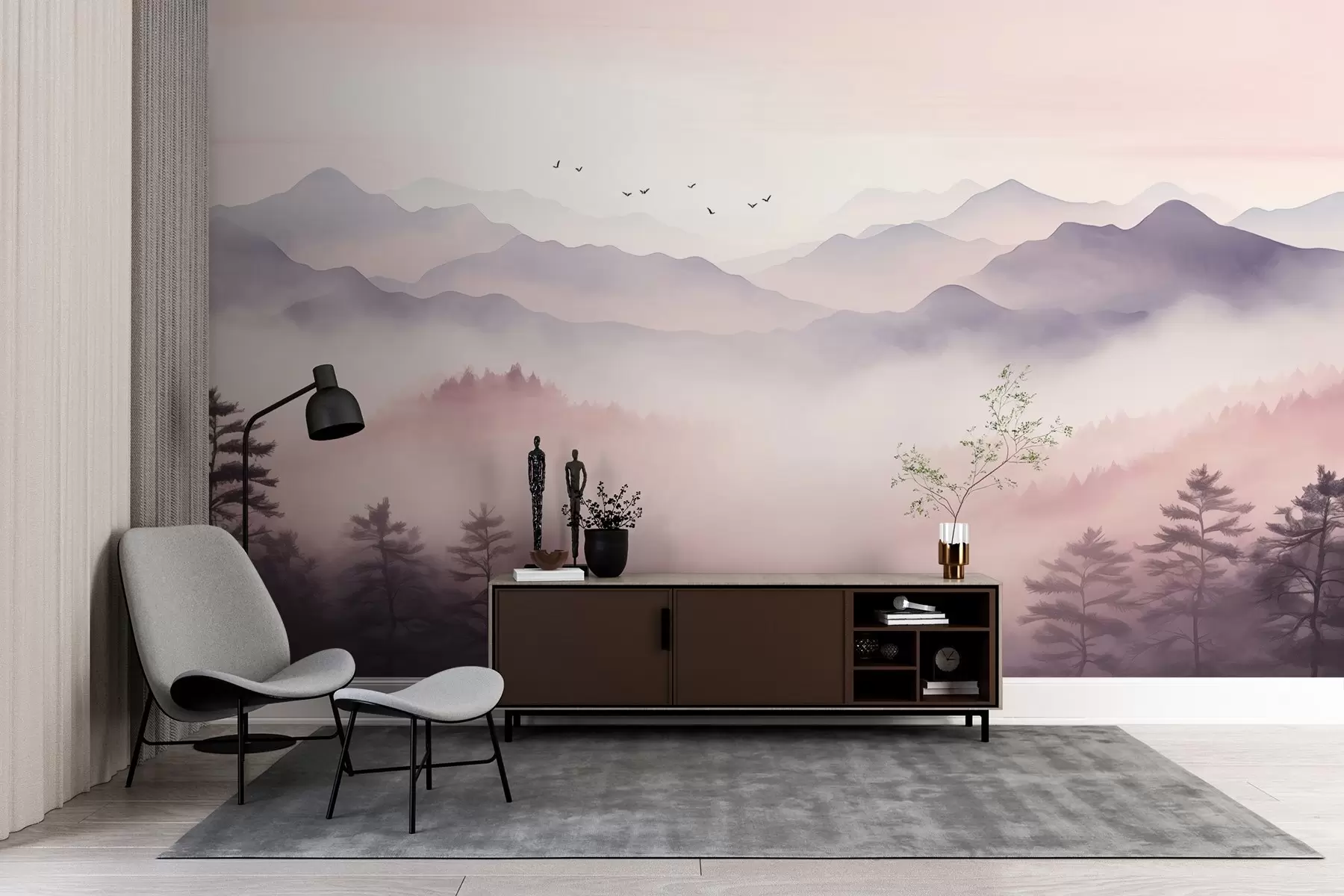 fototapet Munți în ceață la răsărit imitație de acuarelă w02471