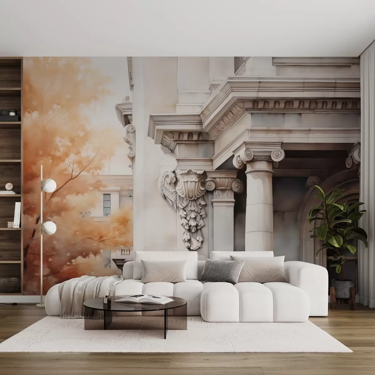 fototapet Parte a unei case cu coloane lângă un copac imitație de acuarelă w02495