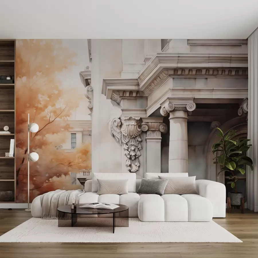 fototapet Parte a unei case cu coloane lângă un copac imitație de acuarelă w02495