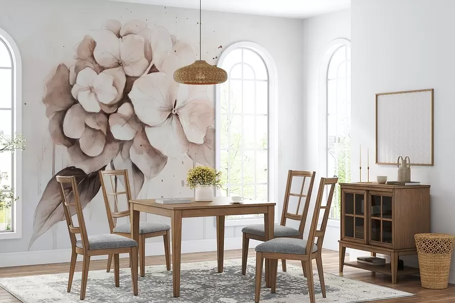 fototapet Hydrangea desen, stil acuarelă, culori bej w02483