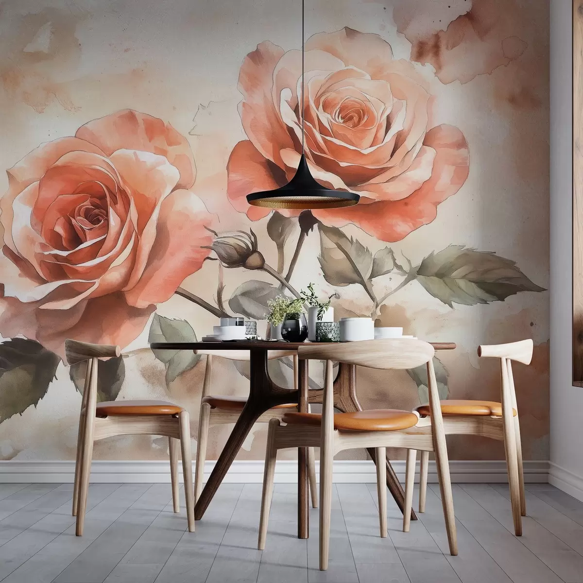 fototapet Frumoși trandafiri roșii în stil acuarelă, florale, culori bej w02486