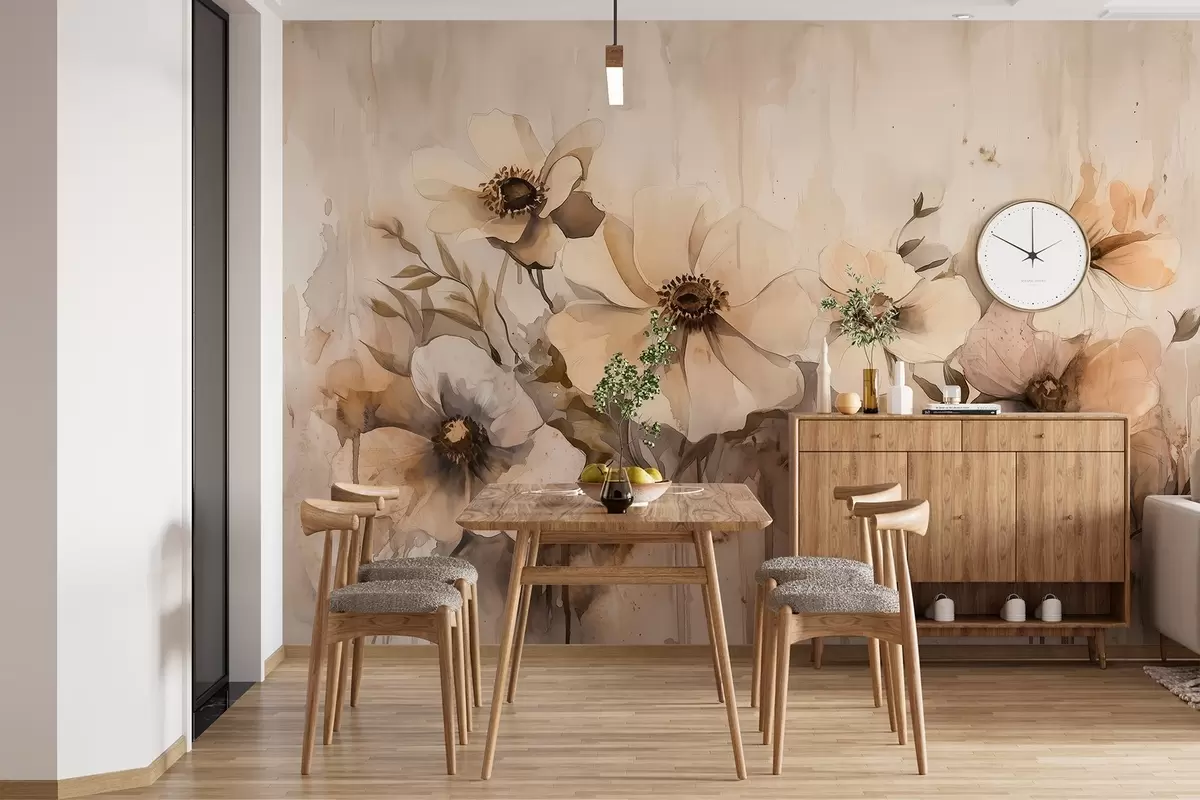 fototapet Flori rustice, desen în stil acuarelă, culori bej w02487