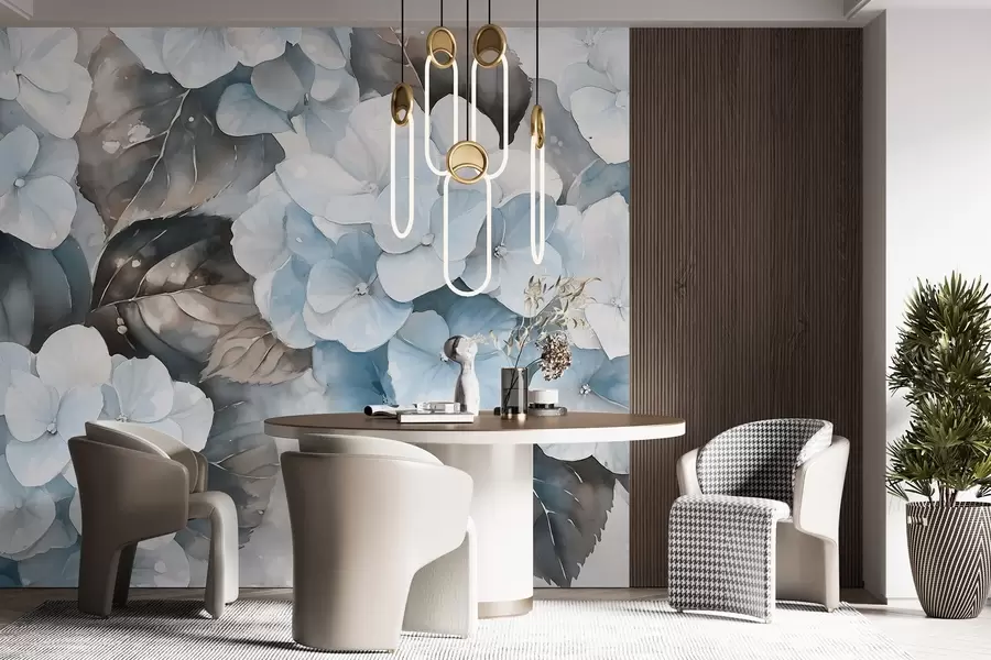 fototapet Hydrangea flori, desen în stil acuarelă, culori albastre, florale w02488v1