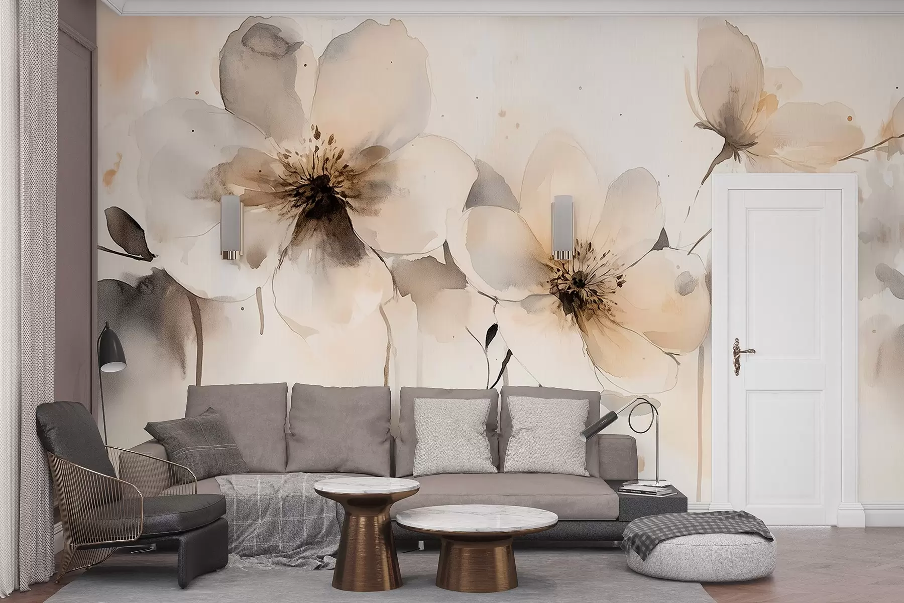 fototapet Flori de pajiște, desen în stil acuarelă, paletă de culori bej  w02489