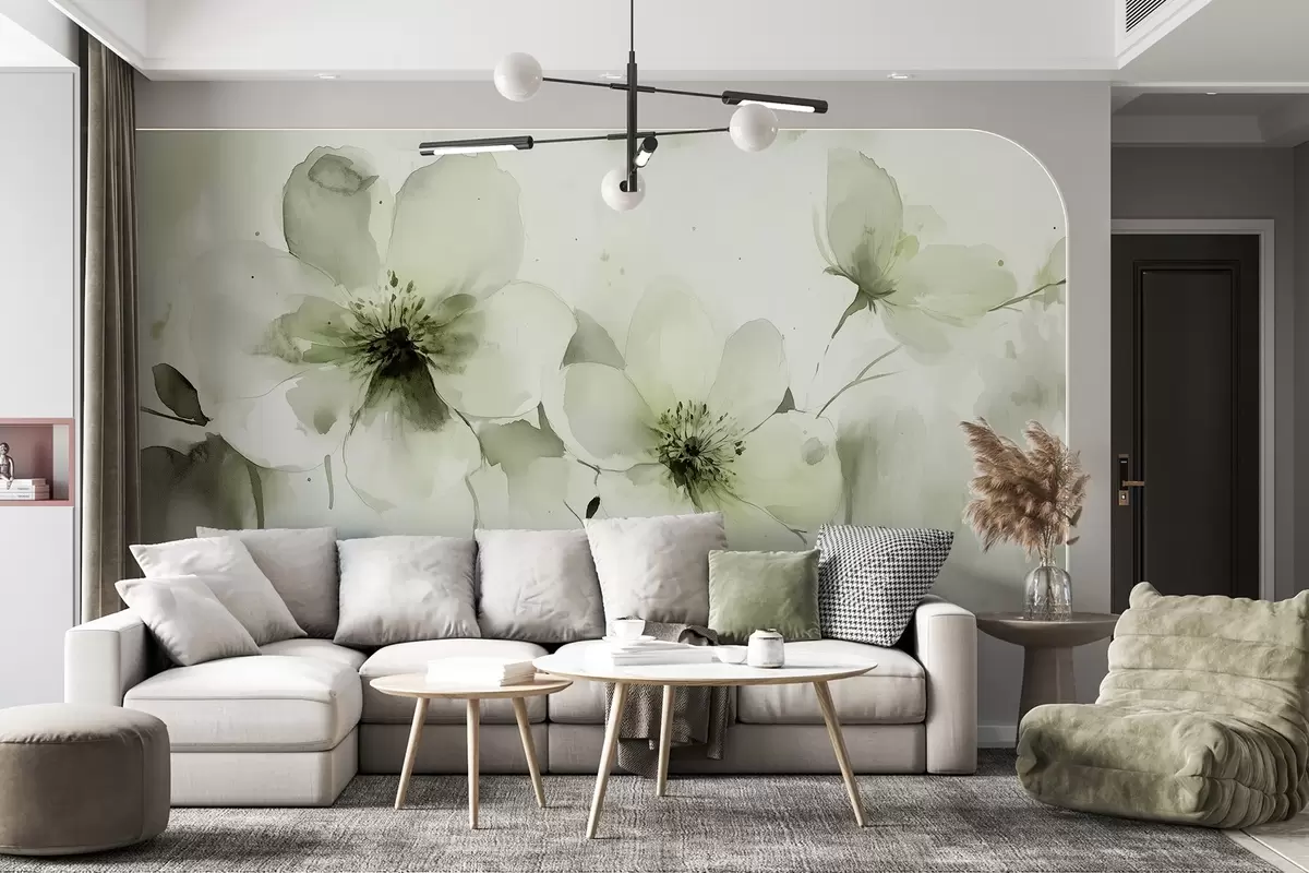 fototapet Flori de pajiște, desen în stil acuarelă, paletă de culori verzi  w02489v1