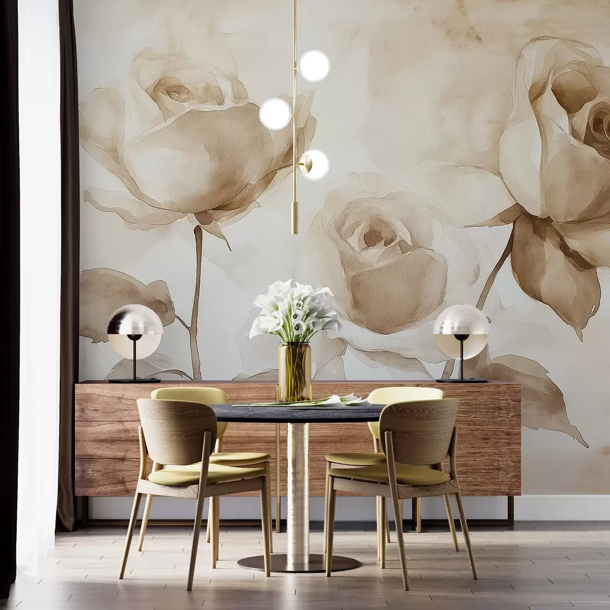 fototapet Trandafiri bej, flori, desen acuarelă moale, rustic, boem w02490