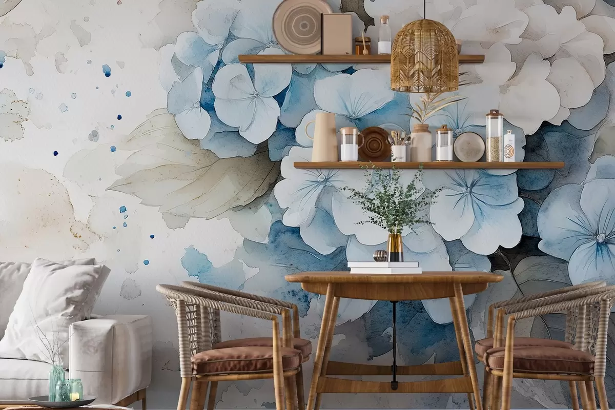 fototapet Desen în stil acuarelă de flori de hortensie cu frunze, culori naturale moi w02493