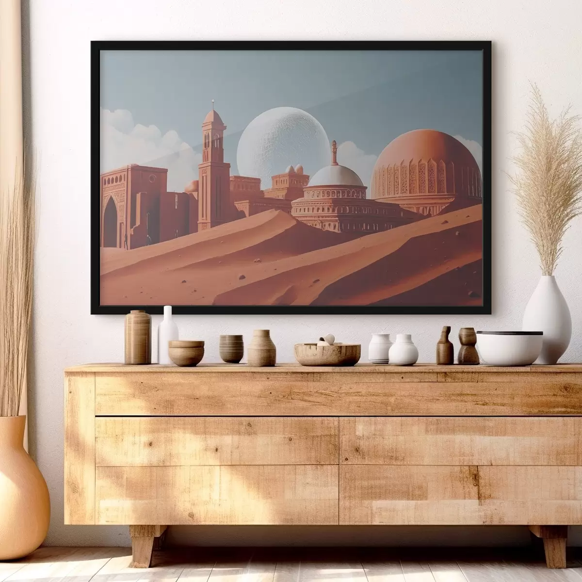 Poster Desert peisaj cu clădiri și mare minge albă f37814