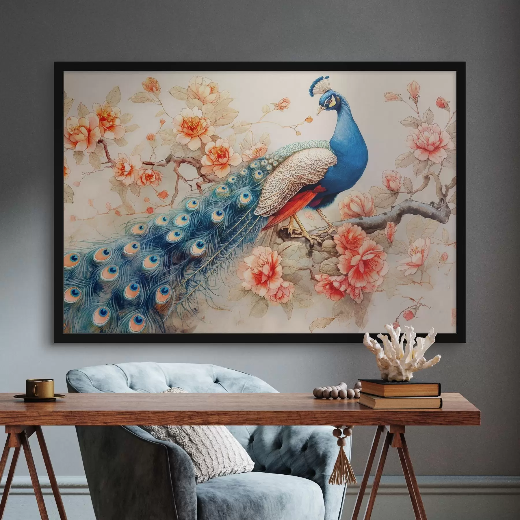 Tablouri Imagine care arată păun pe o ramură cu flori f38451