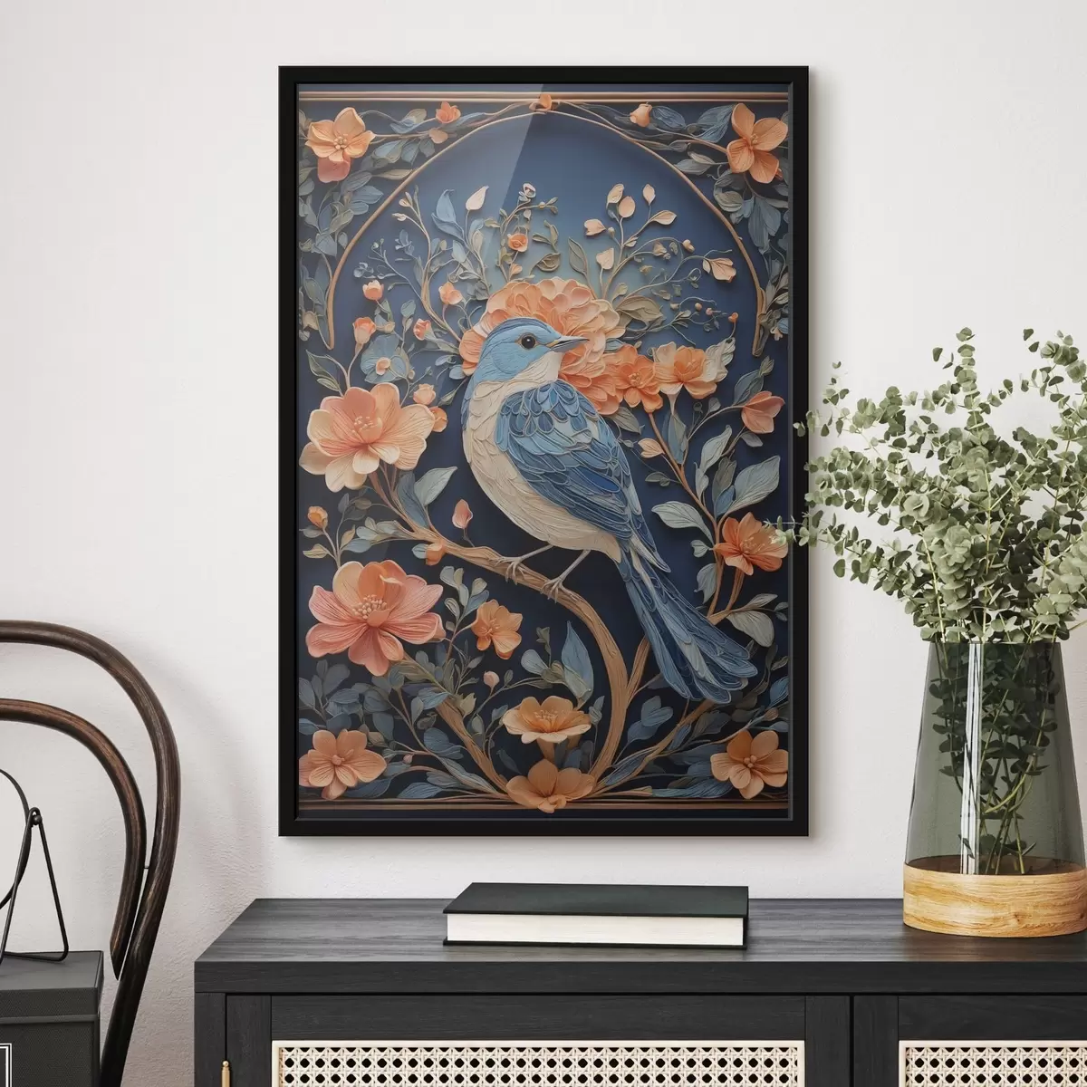 Poster Pasăre elegantă printre flori vibrante f38681
