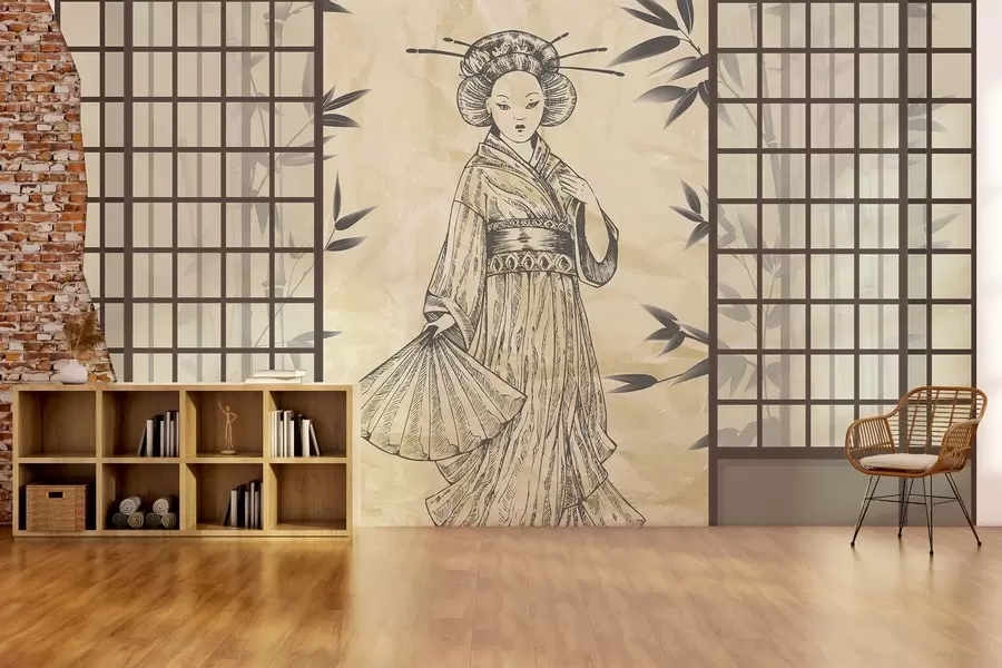 fototapet Casă veche în stil asiatic, fată în haine tradiționale, flori de cireș, flori de cireș, Shoji w02535