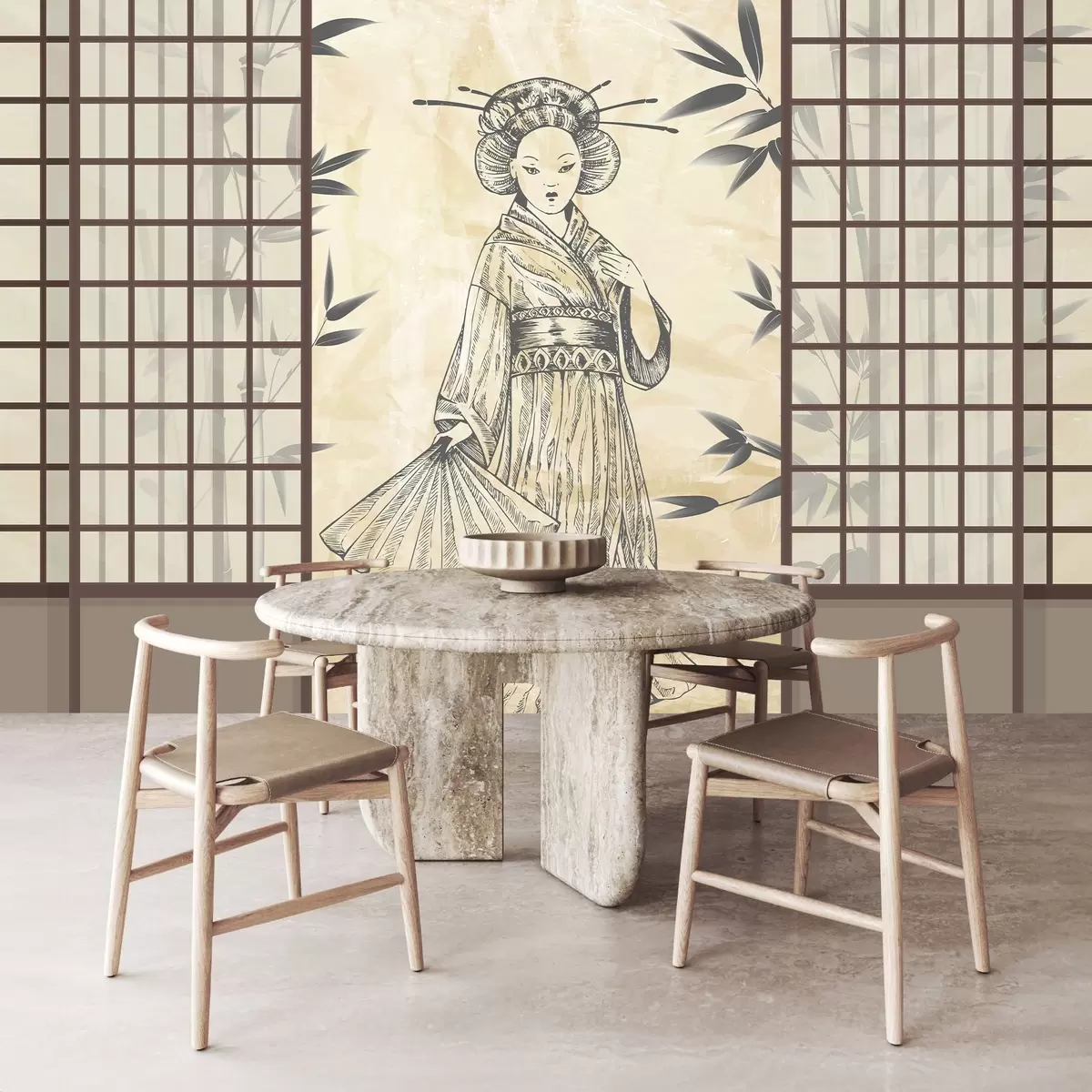 fototapet Casă veche în stil asiatic, fată în haine tradiționale, flori de cireș, flori de cireș, Shoji w02535