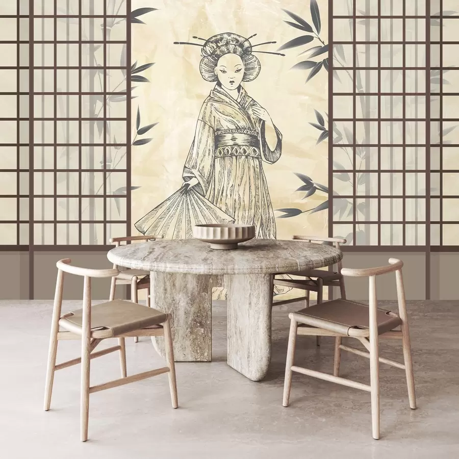 fototapet Casă veche în stil asiatic, fată în haine tradiționale, flori de cireș, flori de cireș, Shoji w02535