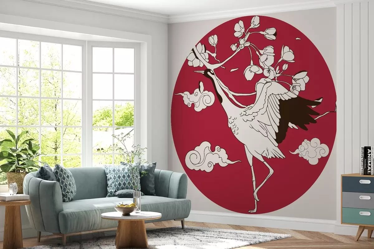 fototapet Desen într-un cerc, flori, nori în stil japonez, macara, parte roșie w02538v1