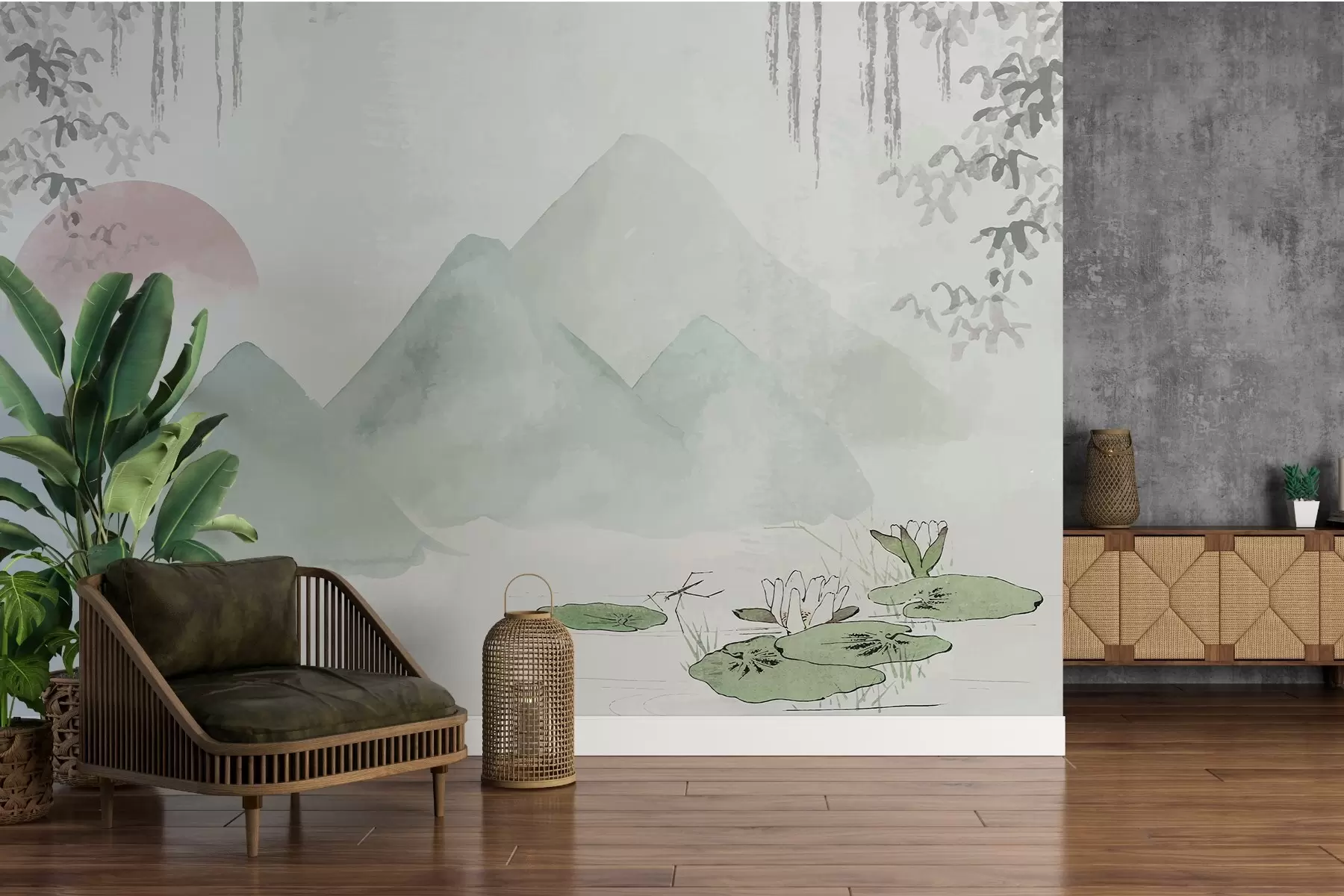 fototapet Răsărit de soare, munți și nufăr w02539