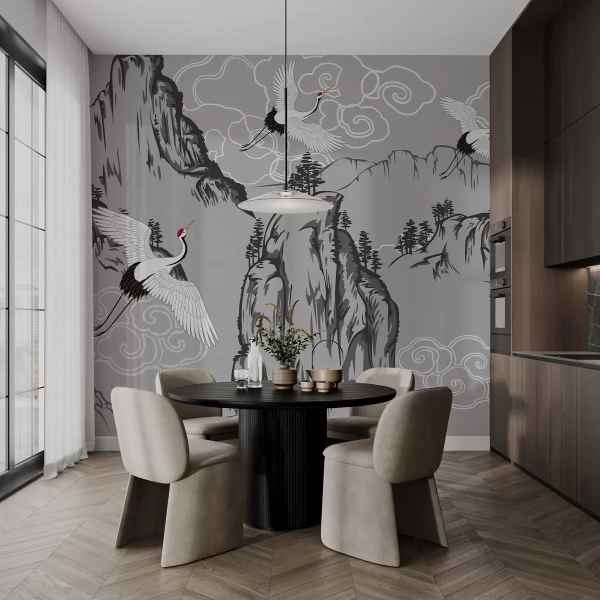 fototapet Munți și cocori în stil japonez, în tonuri de gri w02544v1