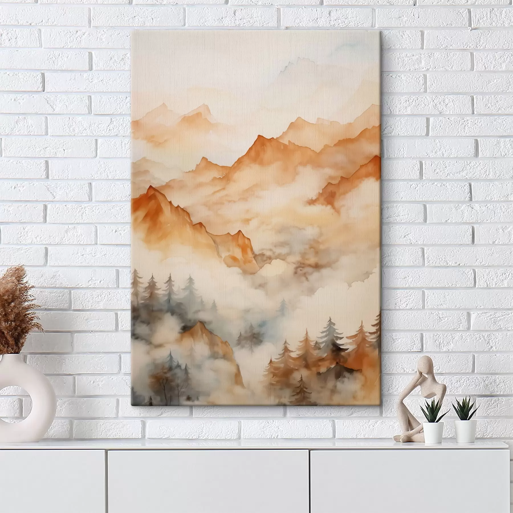 Tablouri Pădure și munți imitație de acuarelă, nuanțe portocalii s42119
