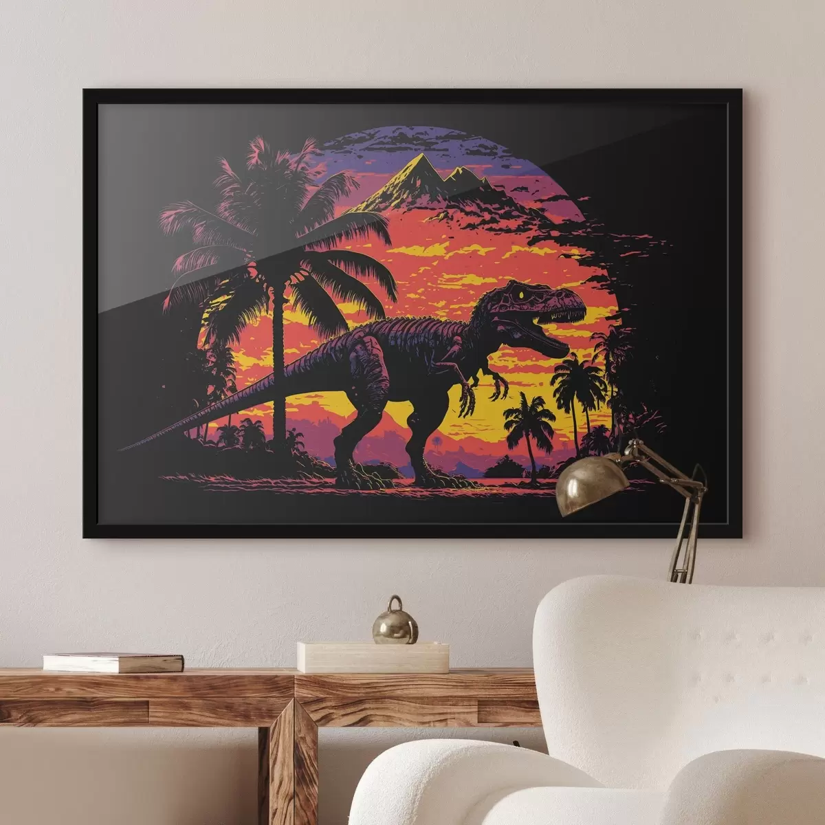 Poster Dinozaur la apus de soare în palmieri f33894