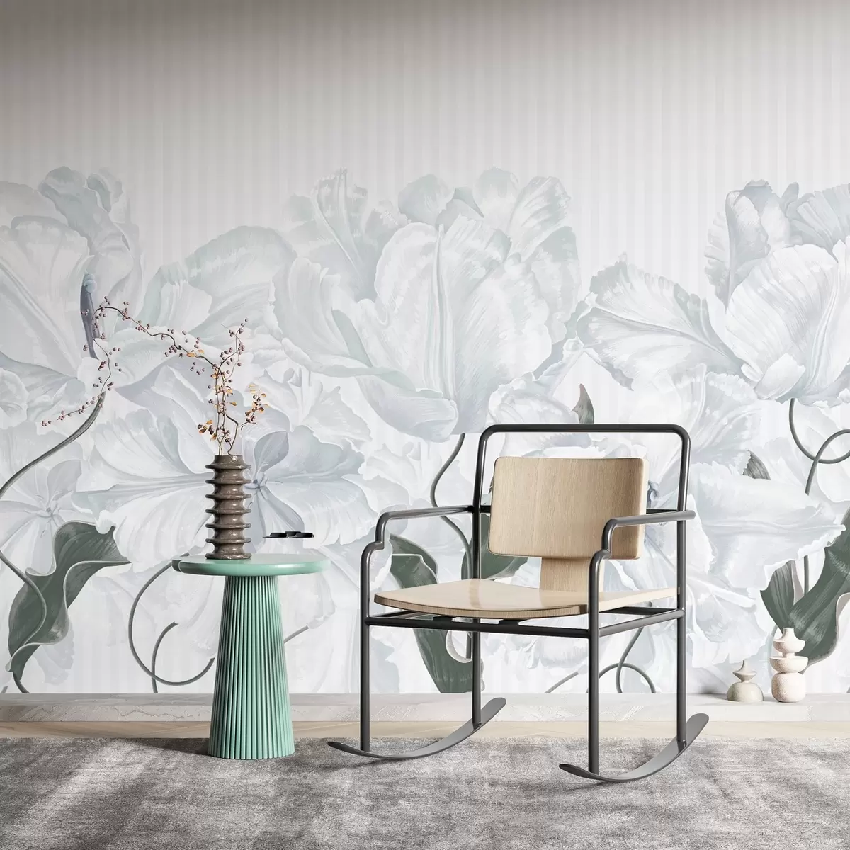 fototapet flori gri delicate pe un fundal cu dungi w02565v1