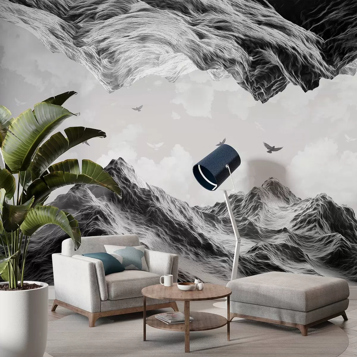 fototapet Munți peisaj, realism, zbor păsări, natură, nori, culori alb-negru w02514