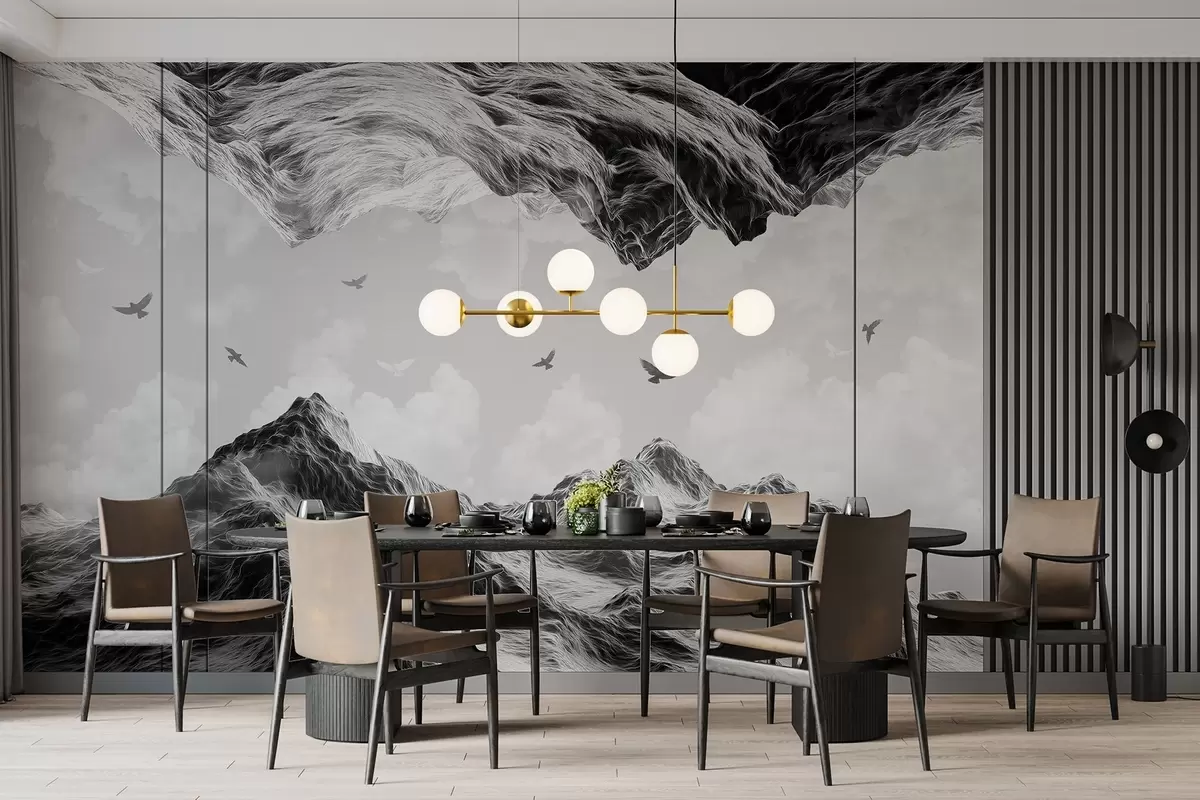 fototapet Munți peisaj, realism, zbor păsări, natură, nori, culori alb-negru w02514