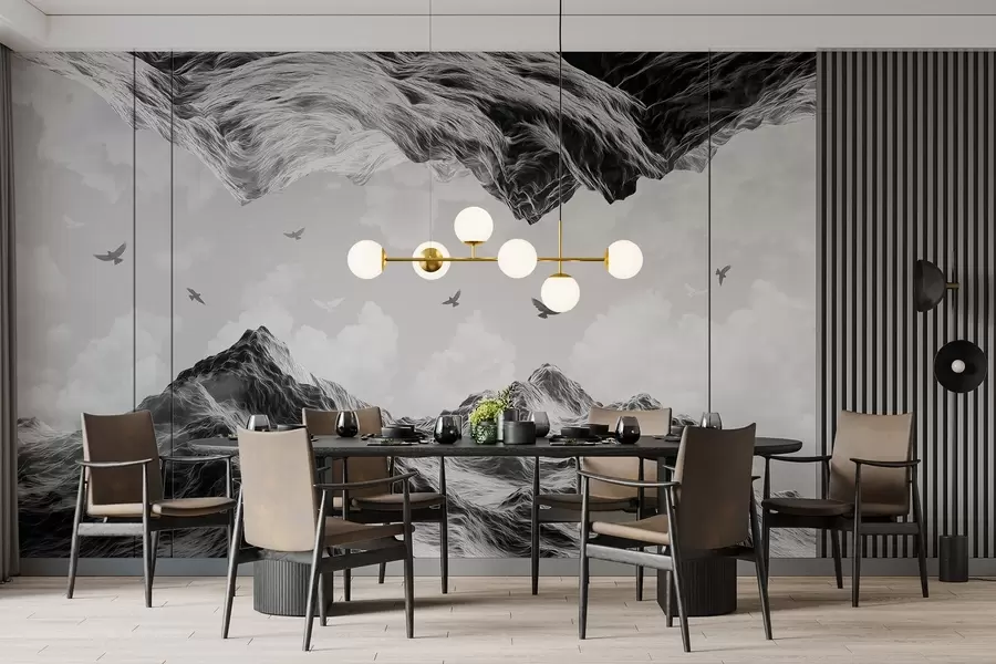 fototapet Munți peisaj, realism, zbor păsări, natură, nori, culori alb-negru w02514