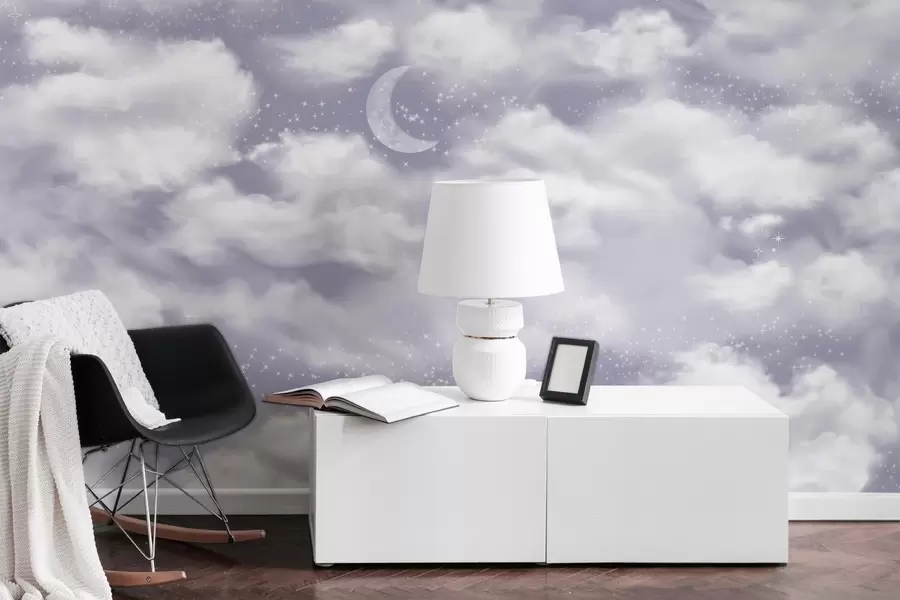 fototapet Cer înstelat cu lună și nori, visător, eteric, culori mov moi w02515v4