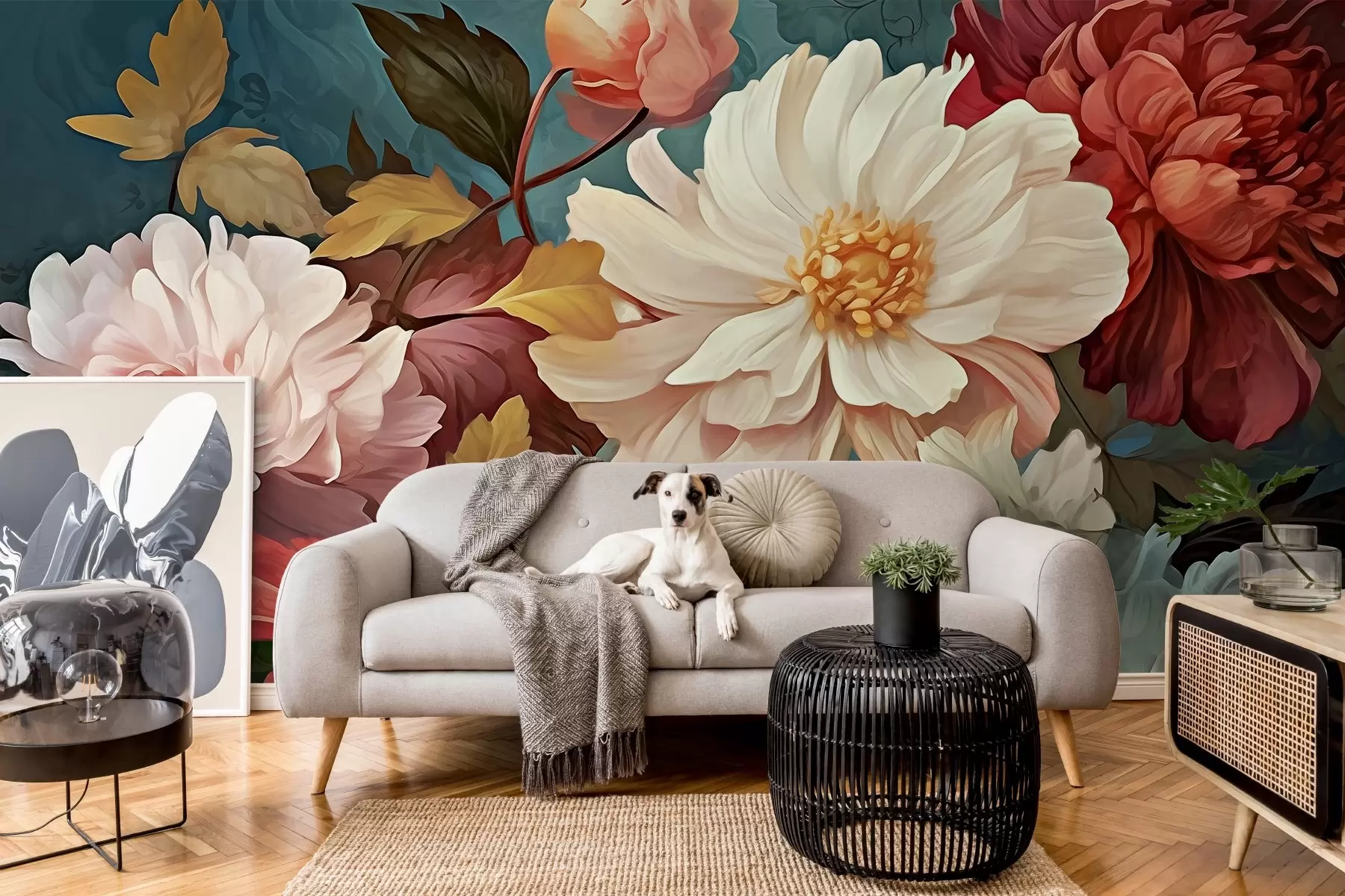 fototapet Flori mari de diferite culori, crizanteme, bujori w02597