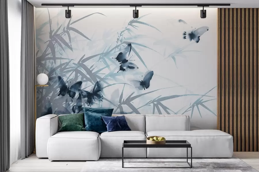 fototapet Frunze și tulpini texturale de bambus cu fluturi albaștri zburători cu aripi transparente w08524