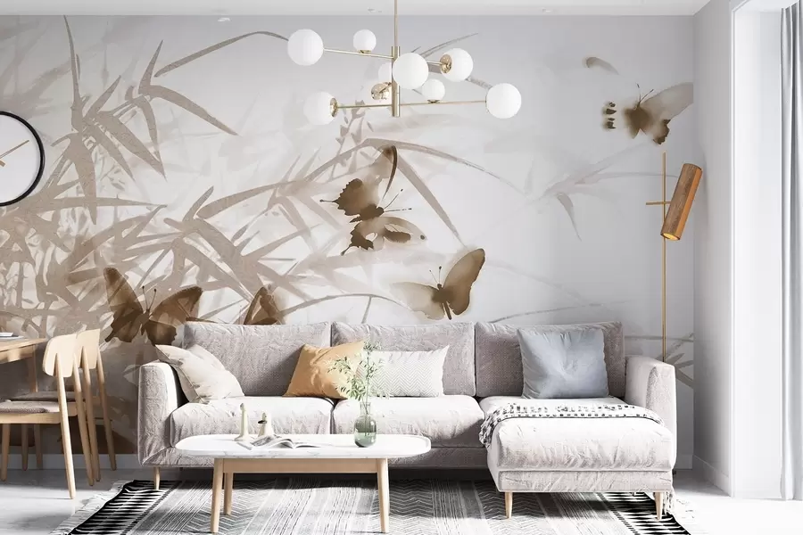 fototapet Frunze și tulpini texturale de bambus cu fluturi maro zburători cu aripi transparente w08524v1