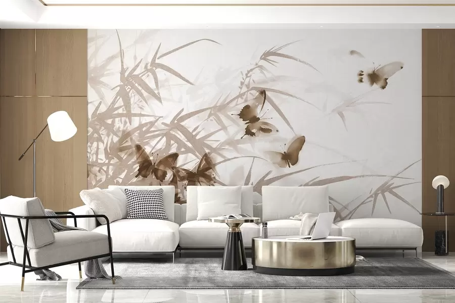 fototapet Frunze și tulpini texturale de bambus cu fluturi maro zburători cu aripi transparente w08524v1