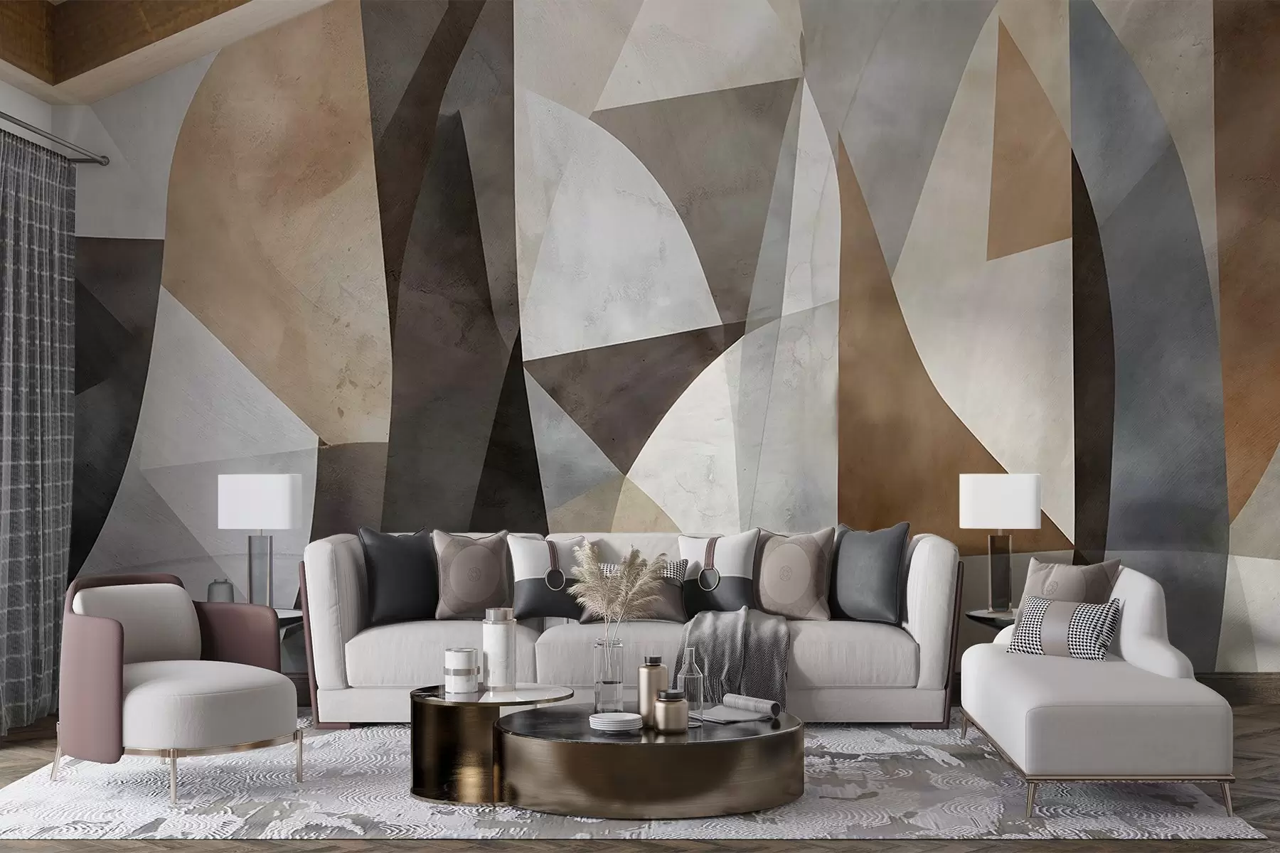 fototapet Abstract artă modernă texturale forme geometrice în nuanțe de maro, gri și bej w08530