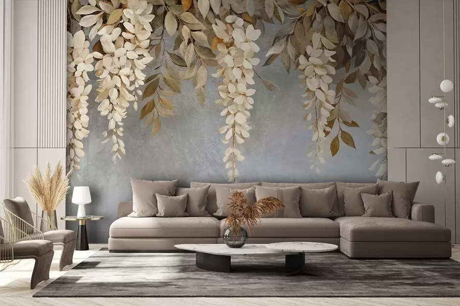 fototapet Flori delicate albe și bej deschis de glicină cu frunze în cascadă pe un fundal gri moale w08531
