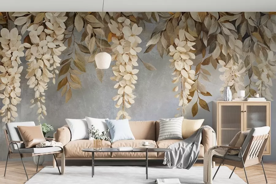 fototapet Flori delicate albe și bej deschis de glicină cu frunze în cascadă pe un fundal gri moale w08531