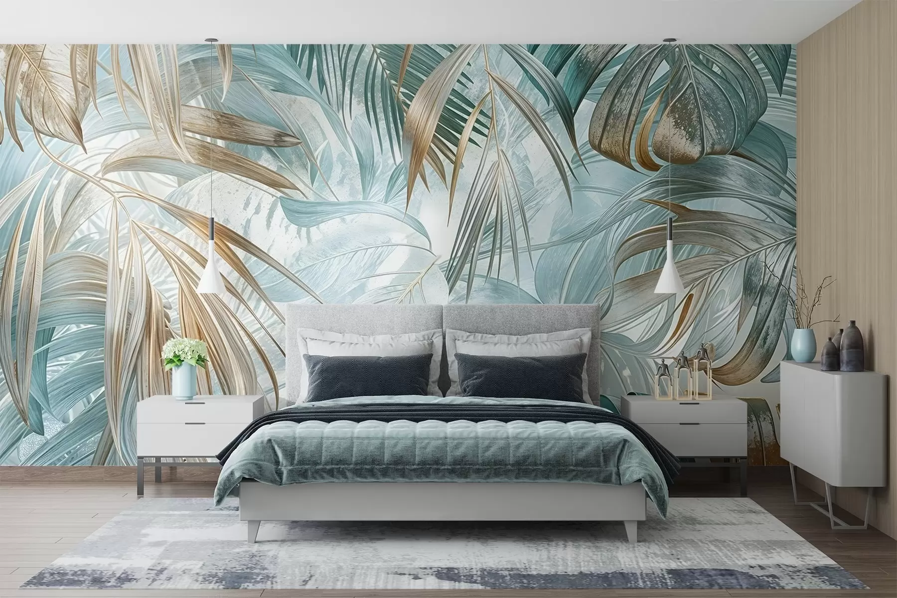 fototapet Un imprimeu floral abstract tropical cu frunze mari de palmier în nuanțe de albastru și bej creează o atmosferă luxuriantă w08532