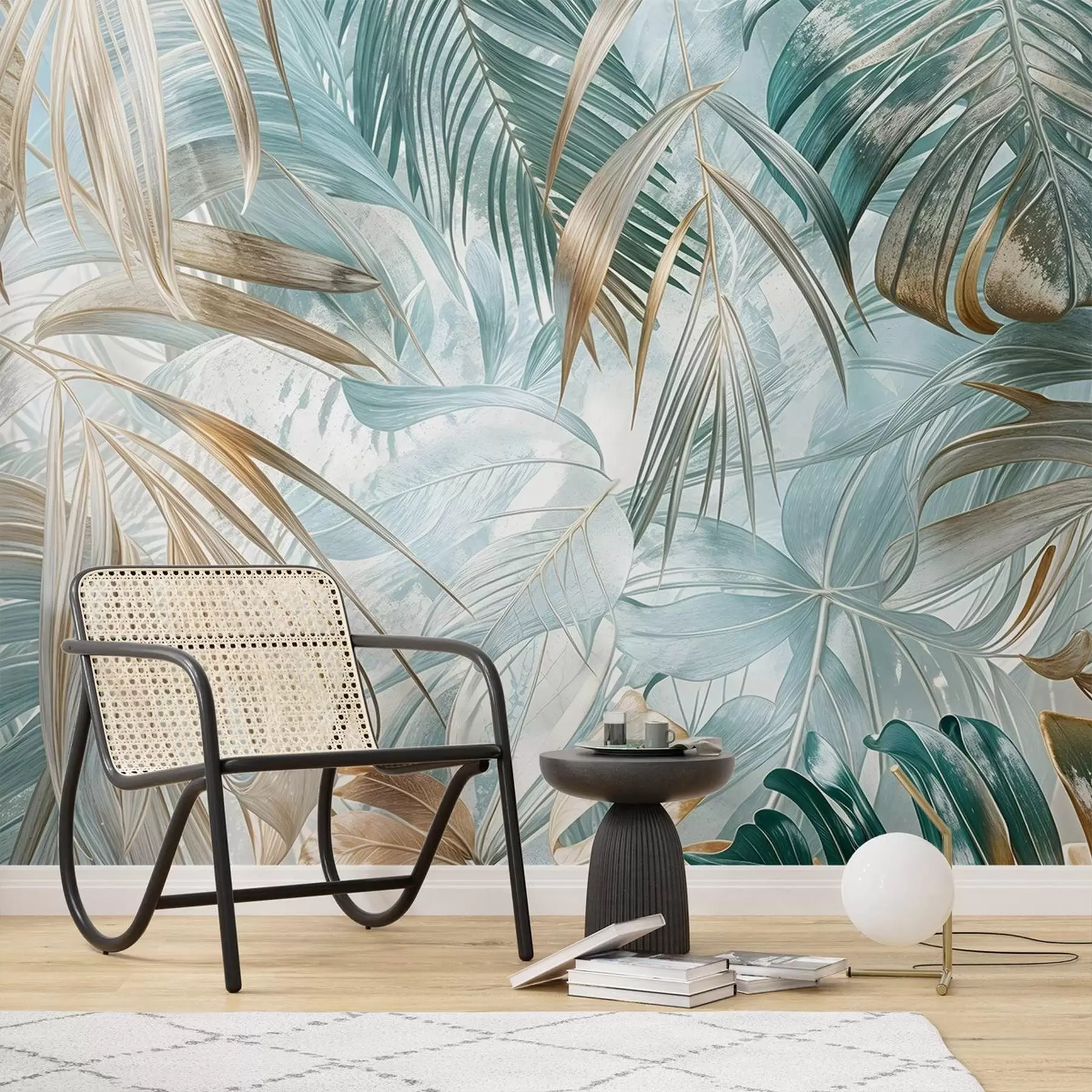 fototapet Un imprimeu floral abstract tropical cu frunze mari de palmier în nuanțe de albastru și bej creează o atmosferă luxuriantă w08532