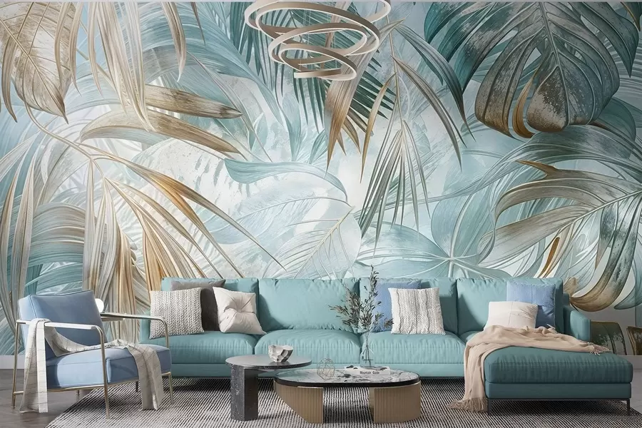 fototapet Un imprimeu floral abstract tropical cu frunze mari de palmier în nuanțe de albastru și bej creează o atmosferă luxuriantă w08532
