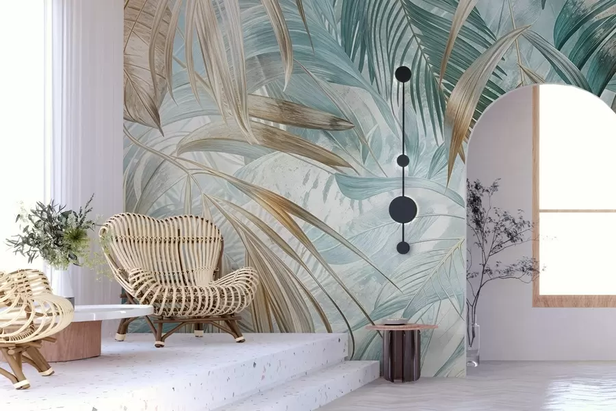 fototapet Un imprimeu floral abstract tropical cu frunze mari de palmier în nuanțe de albastru și bej creează o atmosferă luxuriantă w08532