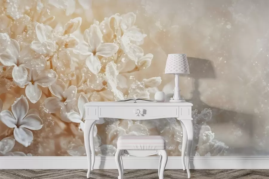 fototapet Delicate flori albe de liliac cu fundal blurat galben, moale w08533