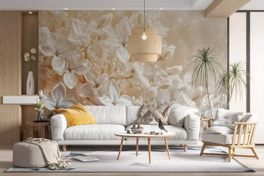 fototapet Delicate flori albe de liliac cu fundal blurat galben, moale w08533