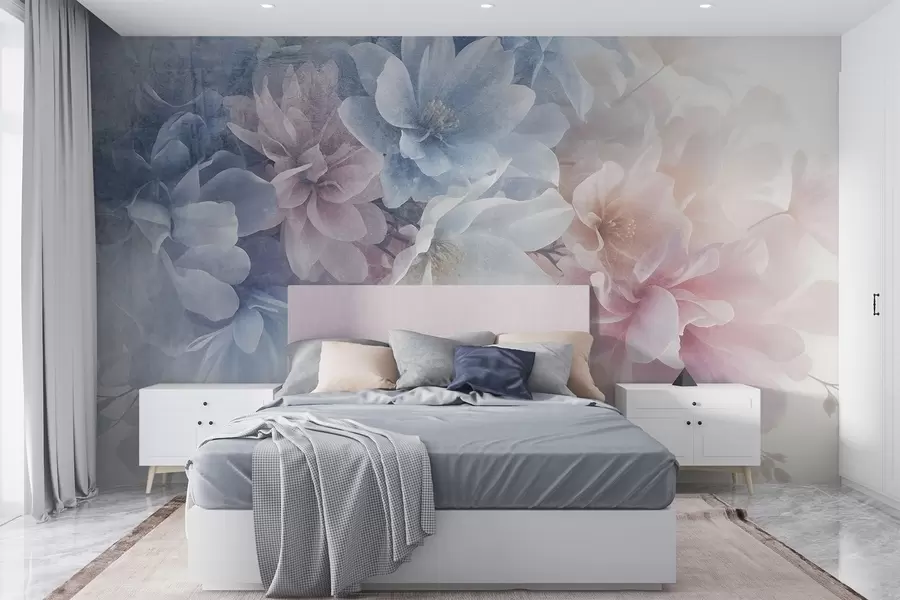 fototapet Aranjament floral textural moale, în culori pastelate, cu flori mari, delicate, în nuanțe de roz, albastru și alb  w08535