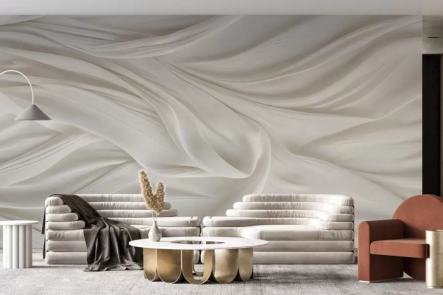 fototapet Imprimeu modern cu imitație de țesătură albă netedă, fluidă, cu falduri și încrețituri moi w08537