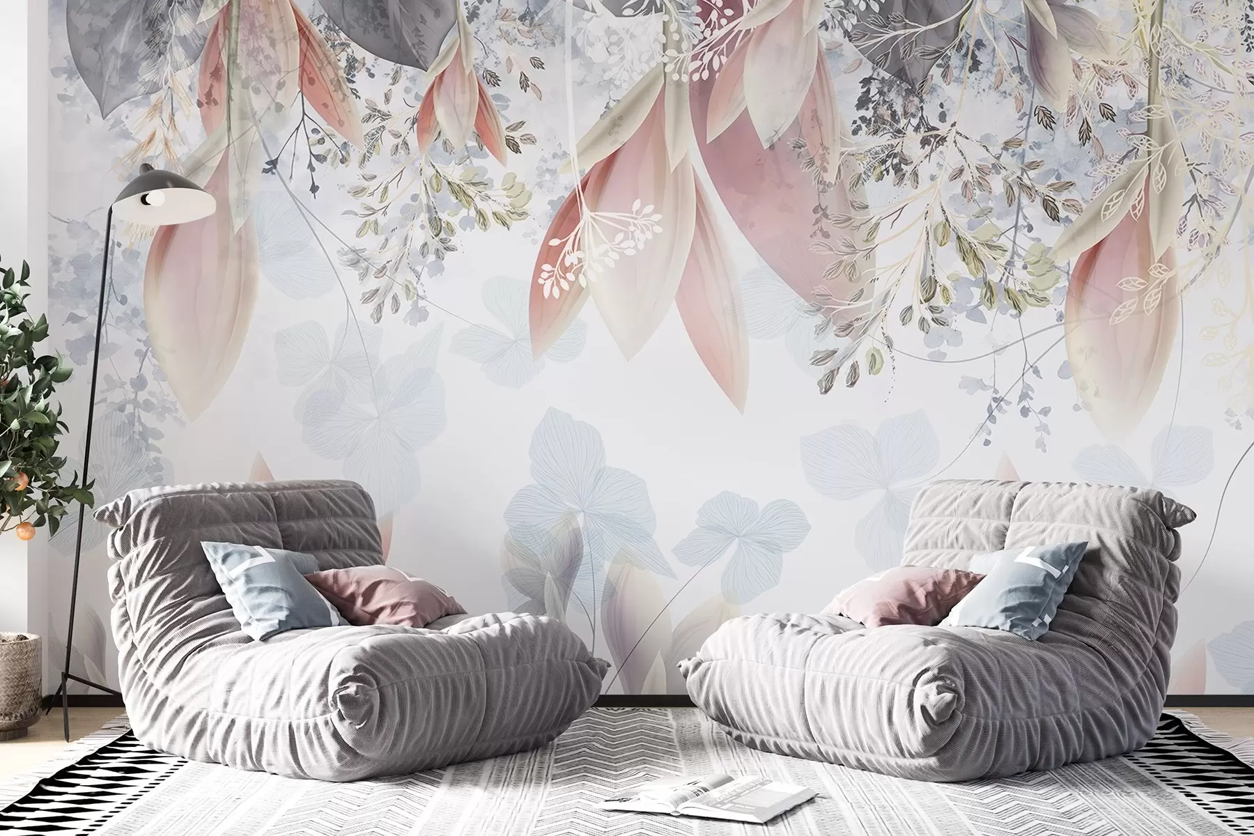 fototapet Imprimeu floral moale, în culori pastelate, cu petale delicate și frunze în nuanțe de roz, alb și gri w08538